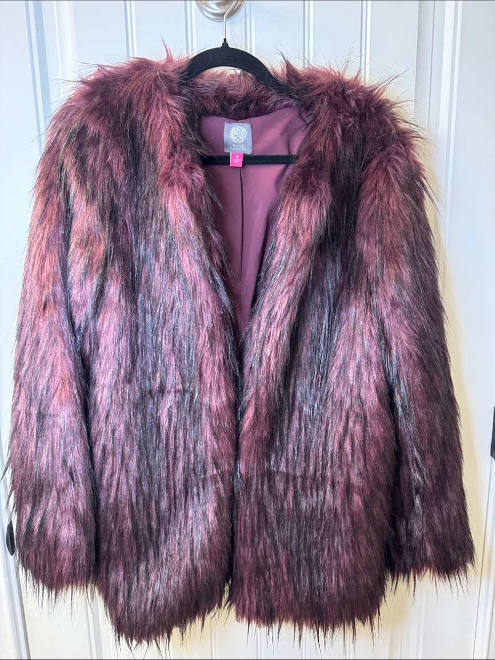Vince Camuto Plush Faux Fur Teddy Jacket in rich plum /Burgundy